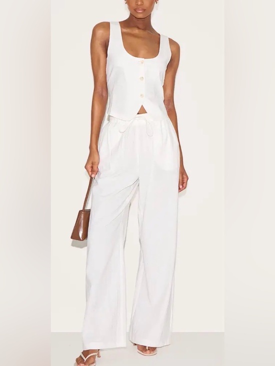 PrettyLittleThing Pants - PrettyLittleThing WHITE LINEN LOOK SCOOP NECK WIDE LEG PANT CO-ORD SET